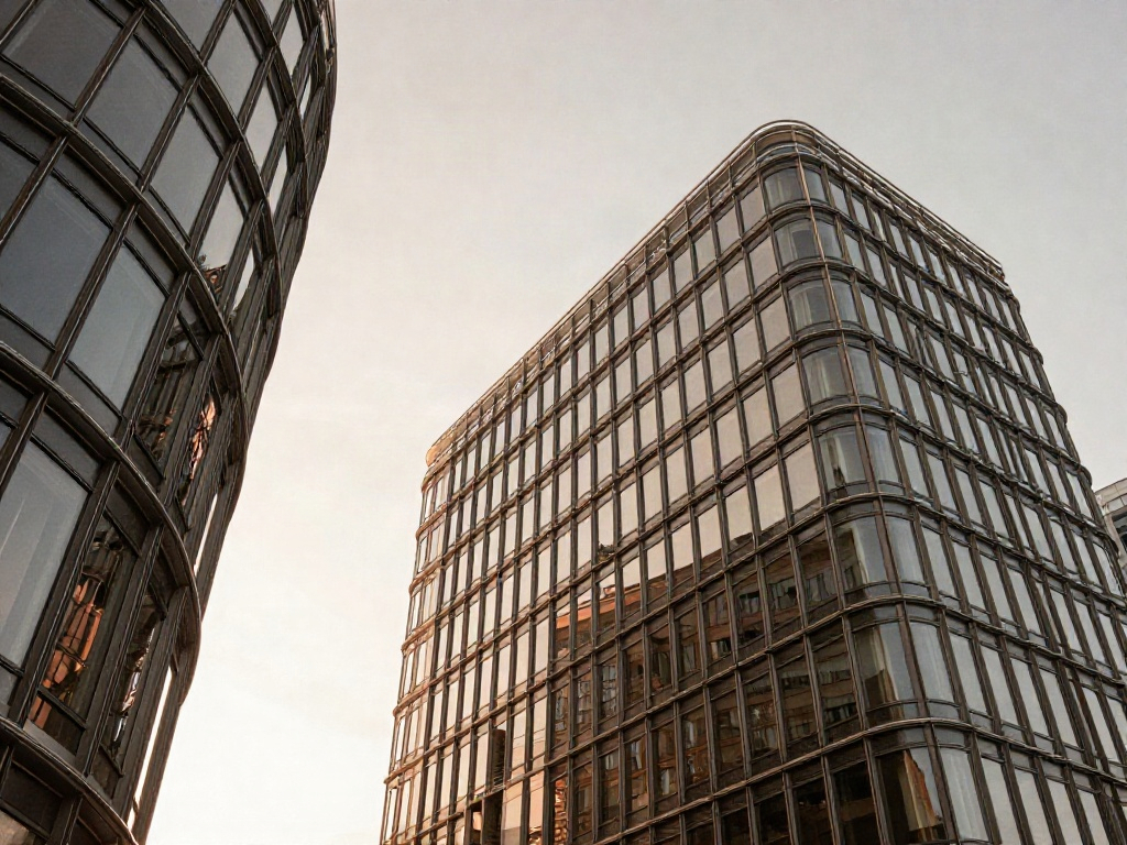 An upward perspective of curved glass office towers in warm afternoon light
